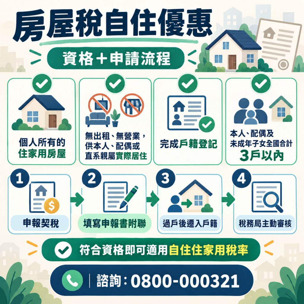 房屋稅自住優惠資格與申請流程說明圖,列出四項資格條件:個人所有的住家用房屋、無出租無營業供本人配偶或直系親屬實際居住、完成戶籍登記、本人配偶及未成年子女全國合計3戶以內,以及四個申請流程步驟:申報契稅、填寫申報書附聯、過戶後遷入戶籍、稅務局主動審核,下方標示諮詢電話0800-000321