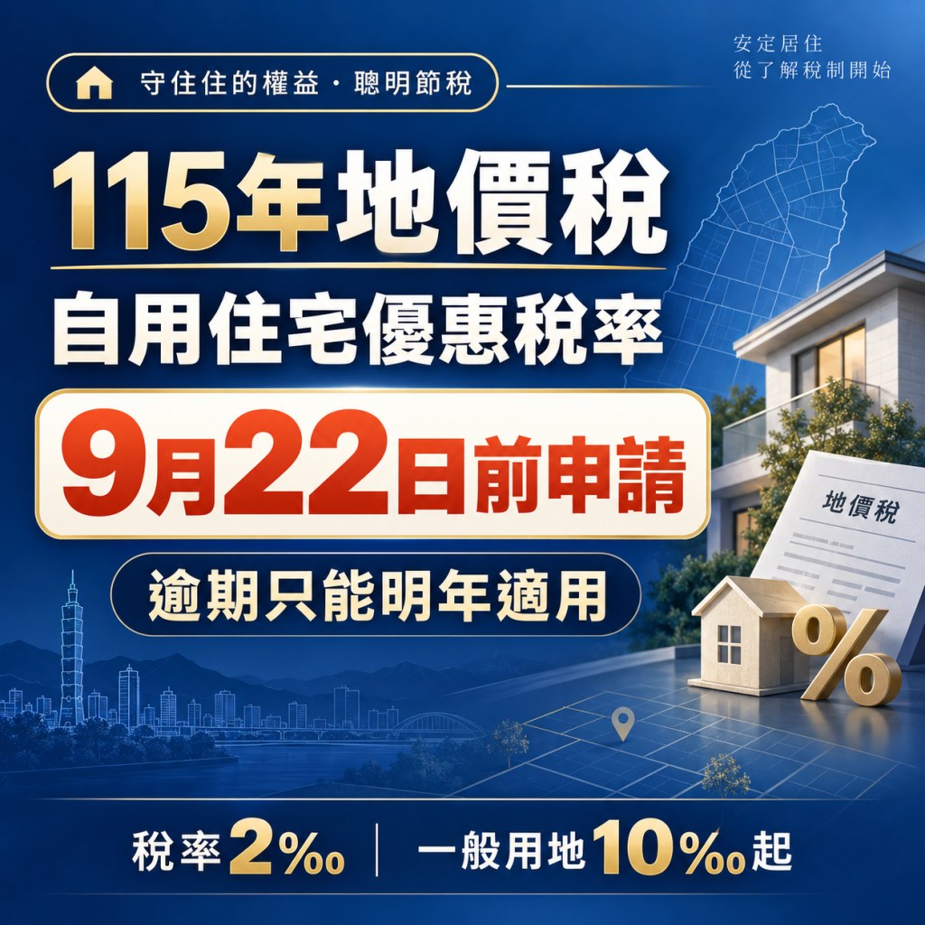115年地價稅自用住宅優惠稅率宣傳圖,說明9月22日前申請期限、稅率2‰與一般用地10‰起的比較,並附台灣地圖與房屋圖示