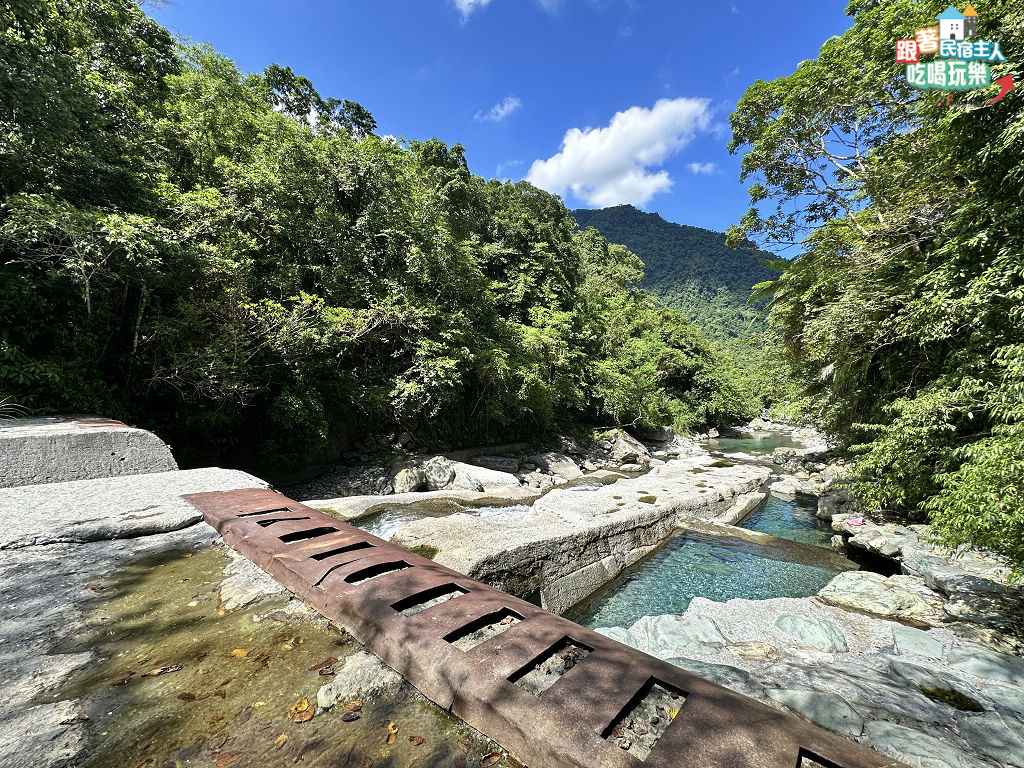 白鮑溪峽谷從高處俯拍,深潭呈現飽和翡翠色,陽光斜灑入峽谷