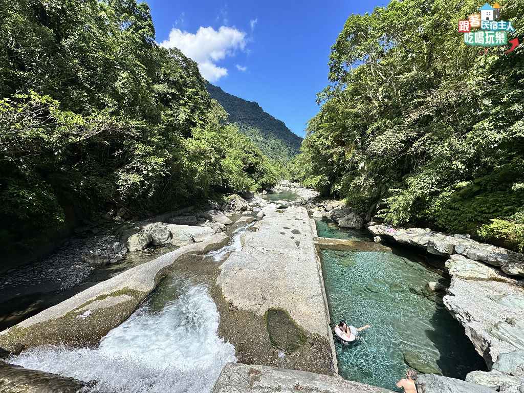 白鮑溪上游峽谷遊客仰躺漂浮在翡翠色深潭水面上