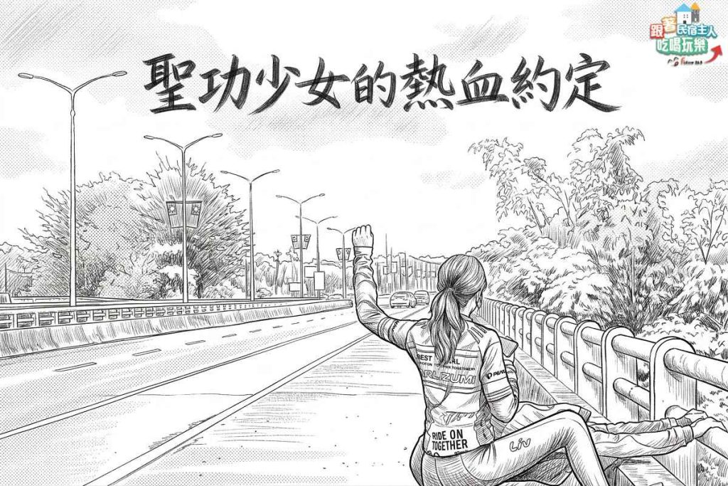 騎著黃色折疊單車站在台東卑南遺址公園清水模牆前的旅行者